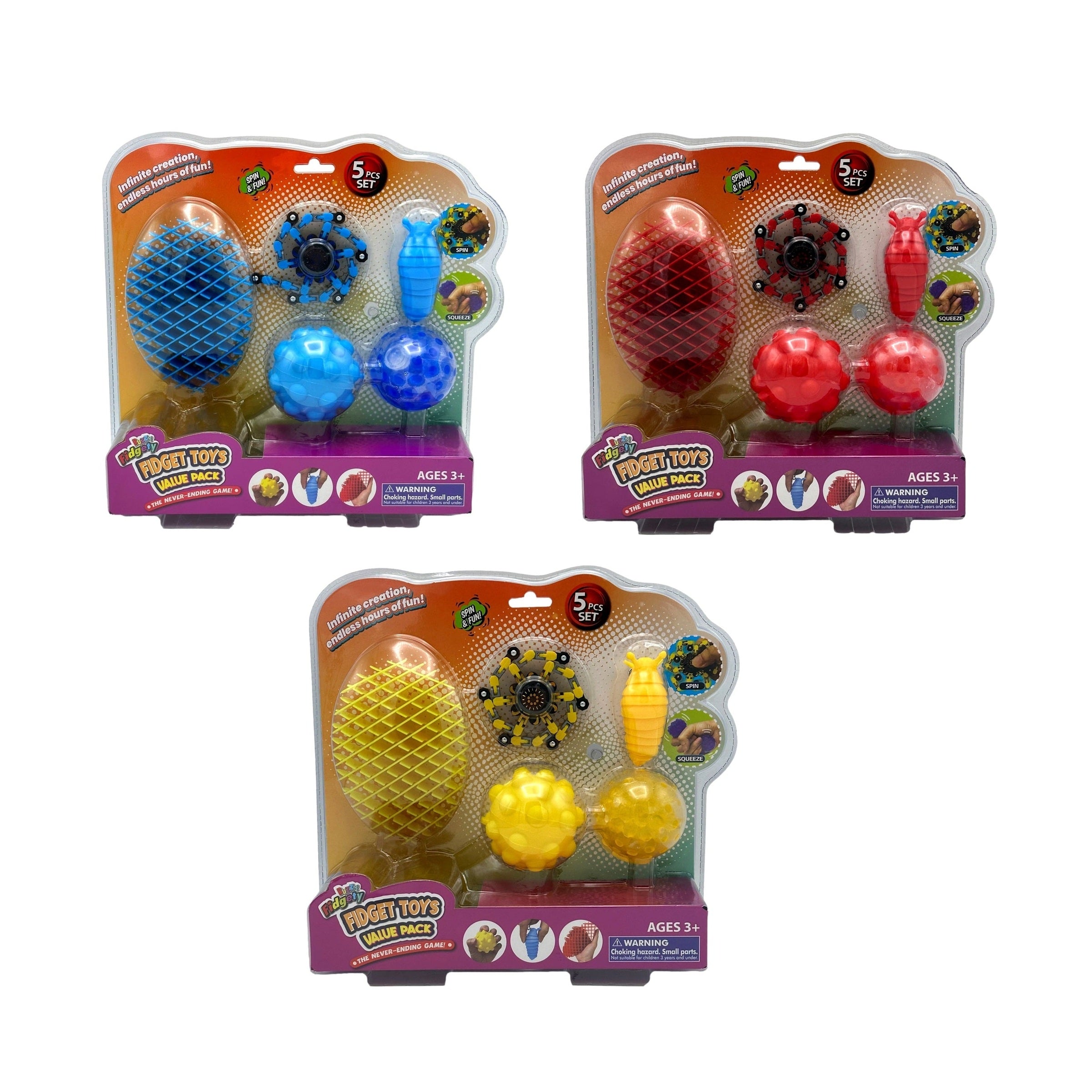 Three packages of "Fidgety Fidget Toys Value Pack," each in a different color: blue, red, and yellow. The sets contain various fidget toys, including a spiky egg, a spinner, a textured toy, and two connected balls. They are packaged with a warning label due to small parts posing a choking hazard for children under 3.